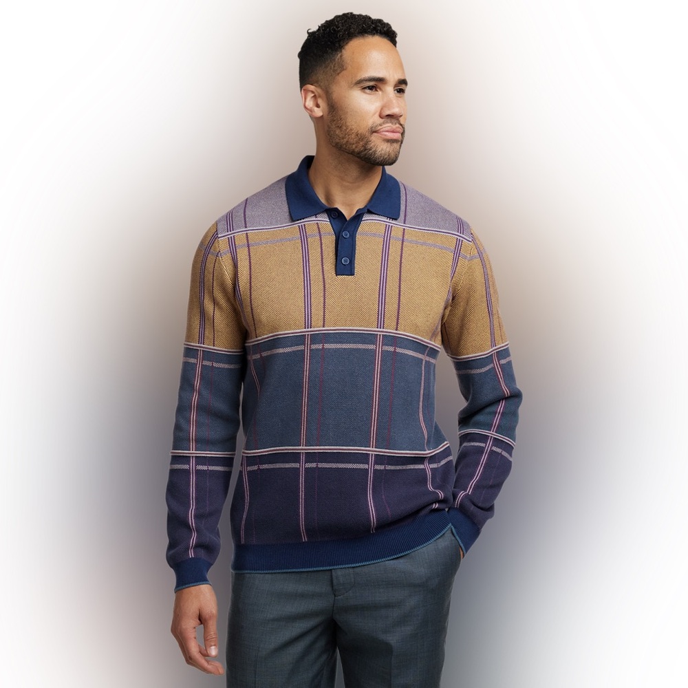 NWOT Paul Fredrick cotton button up polo multicoloured plaid retro style - Picture 2 of 10
